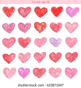 Vector set of hand drawn pastel hearts. Pink crayon hearts isolated on the white background. Sketch of vector hearts.