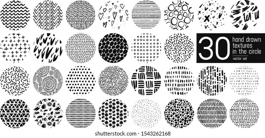 Vector set hand drawn patterns and textures in the circle isolated on white background. Triangles, waves, ovals, hearts, strokes, arrows, dots, circles. Patterns for banner, textile, post card, print.