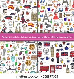 Vector set of hand drawn patterns with symbols of European countries. Patterns on the theme of travel. Background for use in design, packing, textile, fabric
