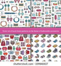 Vector set of hand drawn patterns with accessories for women. Patterns on the theme of fashion. Background for use in design, packing, textile, fabric