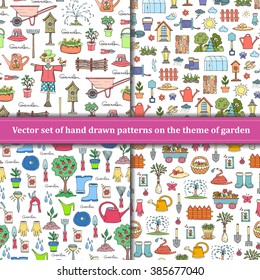 Vector set of hand drawn patterns with symbols of garden. Patterns on the theme of spring, work and recreation. Background for use in design