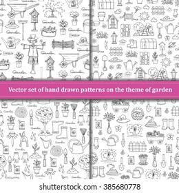 Vector set of hand drawn patterns with isolated symbols of garden. Patterns on the theme of spring, work and recreation. Background for use in design