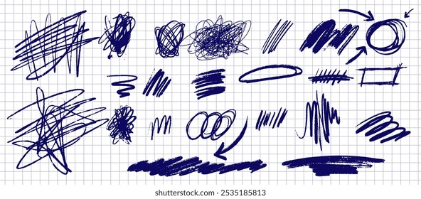 Conjunto vetorial de lápis desenhado à mão e rabiscos marcadores. Linhas confusas, setas e formas com texturas de giz de cera. Traços grunge, elementos de espiral, setas.