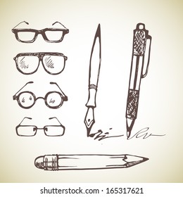 Vector set of hand drawn pens and glasses. Isolated on white.