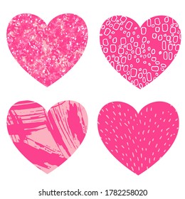 Vector set of hand drawn pink, red vector hearts isolated on white background for design.