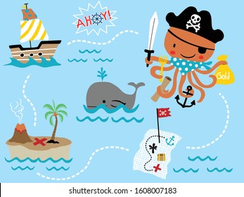 vector set of hand drawn pirate elements cartoon, octopus in pirate costume