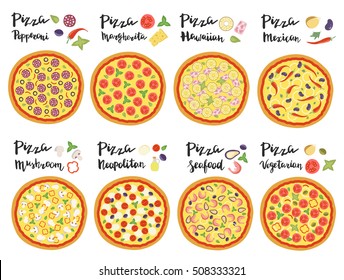 Vector set of hand drawn pizza popular varieties, Margarita, Neapolitan, Pepperoni, Mexican, Hawaiian, Seafood, Vegetarian and hand lettering isolated on a white background.