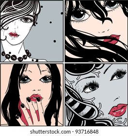 vector set of hand drawn portraits with pretty girls