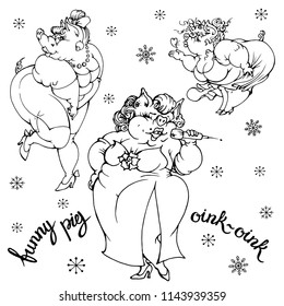 Vector set of hand drawn pretty funny pigs girls in cartoon style. And words: oink-oink, funny pig. For ceerful holiday design cards, posters , invitations.