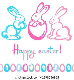 Vector set with hand drawn pretty rabbits , easter eggs and text "happy easter!" Endless line pattern. Pastel pink and blue colors. Easter design.