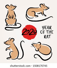 Vector set with hand drawn rats. Symbol Zodiac sign. Decorative elements for Chinese Happy New 2020 Year