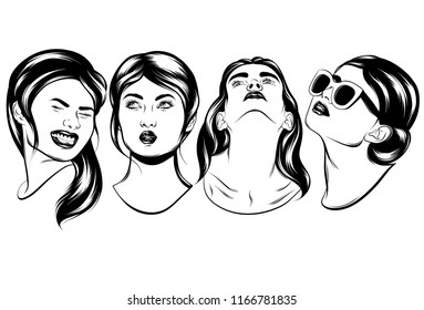 Vector set of hand drawn realistic illustration of emotional girls with isolated. Creative artwork. Template for card, poster. banner, print for t-shirt, pin, badge, patch and label.