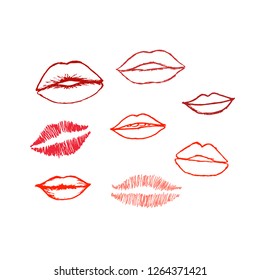 Vector set of hand drawn red lips. Hand drawn lips collection.