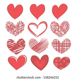 Vector set of hand drawn red hearts isolated on a white background.