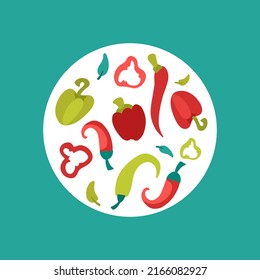 Vector set of hand drawn red and green peppers icon design. Cartoon red  hot Chili pepper, pepper slices illustration collection. Isolated on white background.