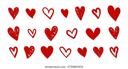 Vector set of hand drawn red heart doodle element in different shapes and scribble texture on white background. Cute love symbol collection for valentine card, sticker, poster and social media design. Vector set of hand drawn red heart doodle element in different shapes and scribble texture on white background. Cute love symbol collection for valentine card, sticker, poster and social media design.