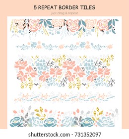 Vector set of hand drawn repeat borders. Flowers, leaves and berries in arrangements. For greetings, weddings, stationery, surface design, scrapbooking. Hand drawn style. Part of a big collection.
