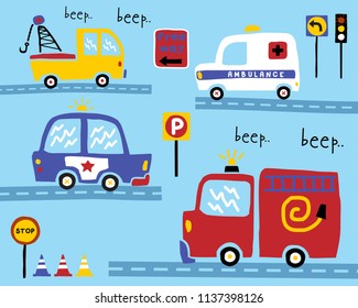 Vector set of hand drawn rescue vehicles cartoon in road with traffic signs, traffic elements illustration