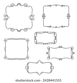 Vector set of hand drawn retro frame. Doodle style vintage border decoration element isolated on white background.