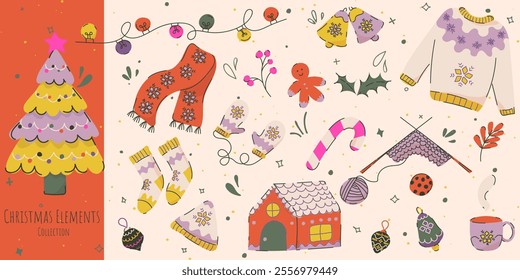 Vector set of hand drawn retro vintage, Boho Christmas clipart and icons. Trendy happy and cute Winter Holidays elements set. - All elements are isolated.