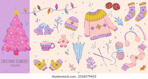 Vector set of hand drawn retro vintage, Boho Christmas clipart and icons. Trendy happy and cute Winter Holidays elements set. - All elements are isolated.