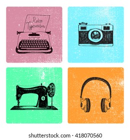 Vector set of hand drawn retro vintage cards with objects. Typewriter, camera, sewing machine, headphones illustration