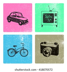 Vector set of hand drawn retro vintage cards with objects. Typewriter, camera, sewing machine, headphones illustration