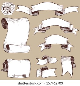 Vector set of hand drawn ribbon, banners and aged rose flower