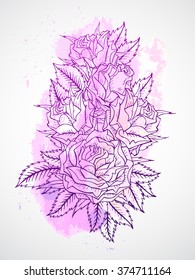 Vector set of hand drawn roses and leaves. Purple contour on a lilac and yellow background with textured watercolor elements. Gradient used.