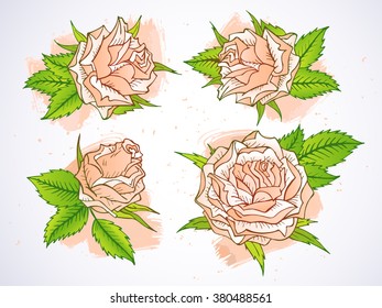 Vector set of hand drawn roses and leaves with textured watercolor elements. In pink colors. Gradient used.