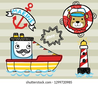 Vector set of hand drawn sailing elements cartoon with funny lion