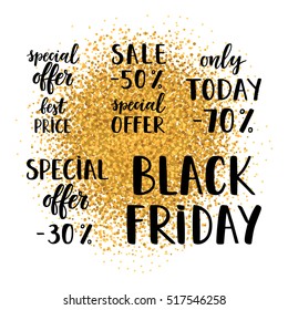 Vector set of hand drawn sale phrases with glitter background.