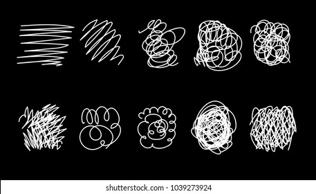 Vector set of hand drawn scribble line shapes. . Set of hand drawn scribble symbols isolated on white. Doodle style sketches. Shaded and hatched badges and bubble shapes. Vector