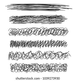 Vector set of hand drawn scribble line shapes. . Set of hand drawn scribble symbols isolated on white. Doodle style sketches. Shaded and hatched badges and bubble shapes. Vector illustration