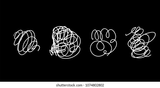 Vector set of hand drawn scribble line shapes. . Set of hand drawn scribble symbols isolated on white. Doodle style sketches. Shaded and hatched badges and bubble shapes. Vector.
