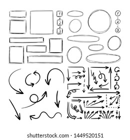 Vector Set of Hand Drawn Scribble Drawings, Illustration Isolated on White Background, Black Rough Lines, Blank Frames, Arrows, Circles and Rectangular Shapes, Planning Elements.