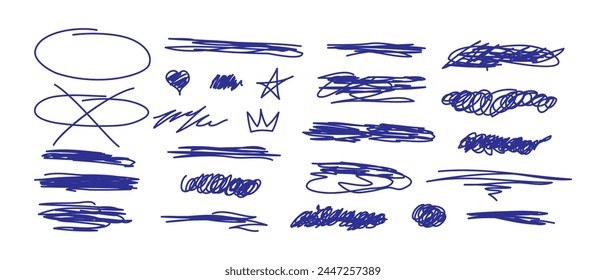 Vector set of hand drawn scribble doodle elements for your design. Scribbles and sketches, marker line set. Ink shapes, scrawl textured elements. Scrawls, star, crown, underlines, heart.