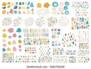 Vector set hand drawn scribbles with acrylic brush strokes and dots. For your trendy design in Memphis style. Modern template in pastel colors