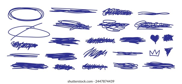 Vector set of hand drawn scribbles, doodles, lines, stripes. Scribbles and sketches, marker line set. Ink shapes, scrawl textured elements. Scrawls, crown, underlines, heart.