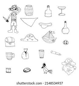 Vector set of hand drawn sea pirate doodles.