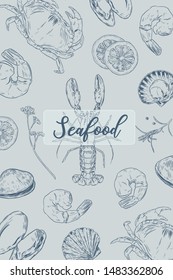 Vector set with hand drawn seafood illustration.