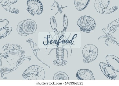 Vector set with hand drawn seafood illustration.