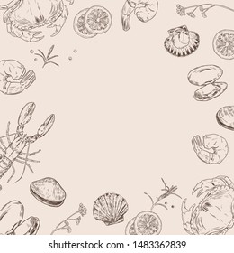 Vector set with hand drawn seafood illustration.