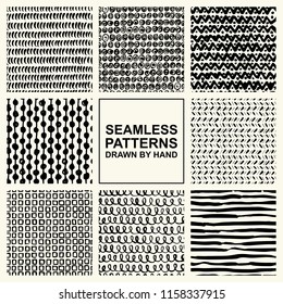 Vector set of hand drawn seamless pattern made with ink. Freehand textures for fabric, polygraphy, web design.