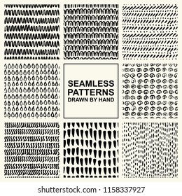 Vector set of hand drawn seamless pattern made with ink. Freehand textures for fabric, polygraphy, web design.