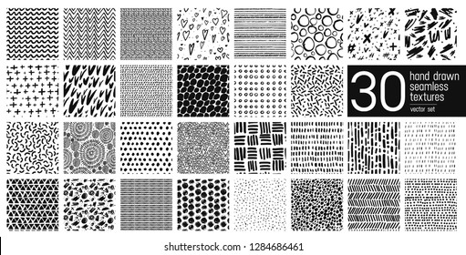 Vector set hand drawn seamless patterns and textures isolated on white background. Triangles, waves, ovals, hearts, strokes, arrows, dots, circles. Patterns for banner, textile, post card, print.