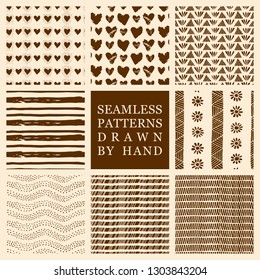 Vector set of hand drawn seamless pattern made with ink. Freehand textures for fabric, polygraphy, web design.
