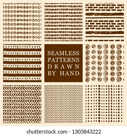 Vector set of hand drawn seamless pattern made with ink. Freehand textures for fabric, polygraphy, web design.