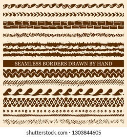 Vector set of hand drawn seamless borders made with ink. Freehand textures for fabric, polygraphy, web design.
