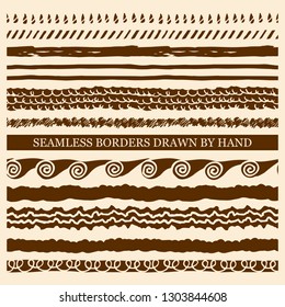 Vector set of hand drawn seamless borders made with ink. Freehand textures for fabric, polygraphy, web design.